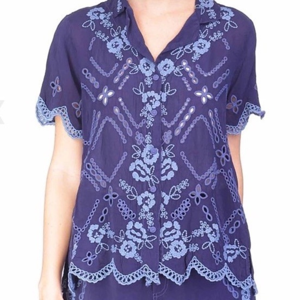 Johnny Was Women L Chryssie Camp Shirt Floral Embroidered Eyelet Button Up $519